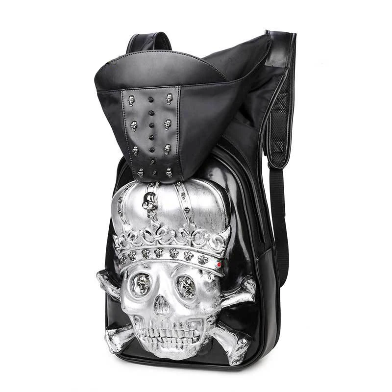 Stylish 3D Skull Crown Embossed Design Men's PU Leather Waterproof Backpack  Ample Space for Travel, Fits Laptop Accents Males