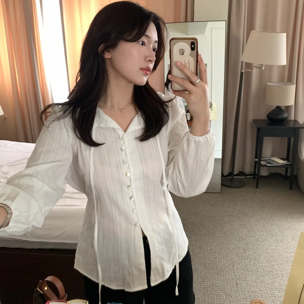 Sweet Elegant Long Sleeve Shirt Women's Slim Fit Waist Cinched Top French Style Fashion Spring 2026 No Special Function view 5