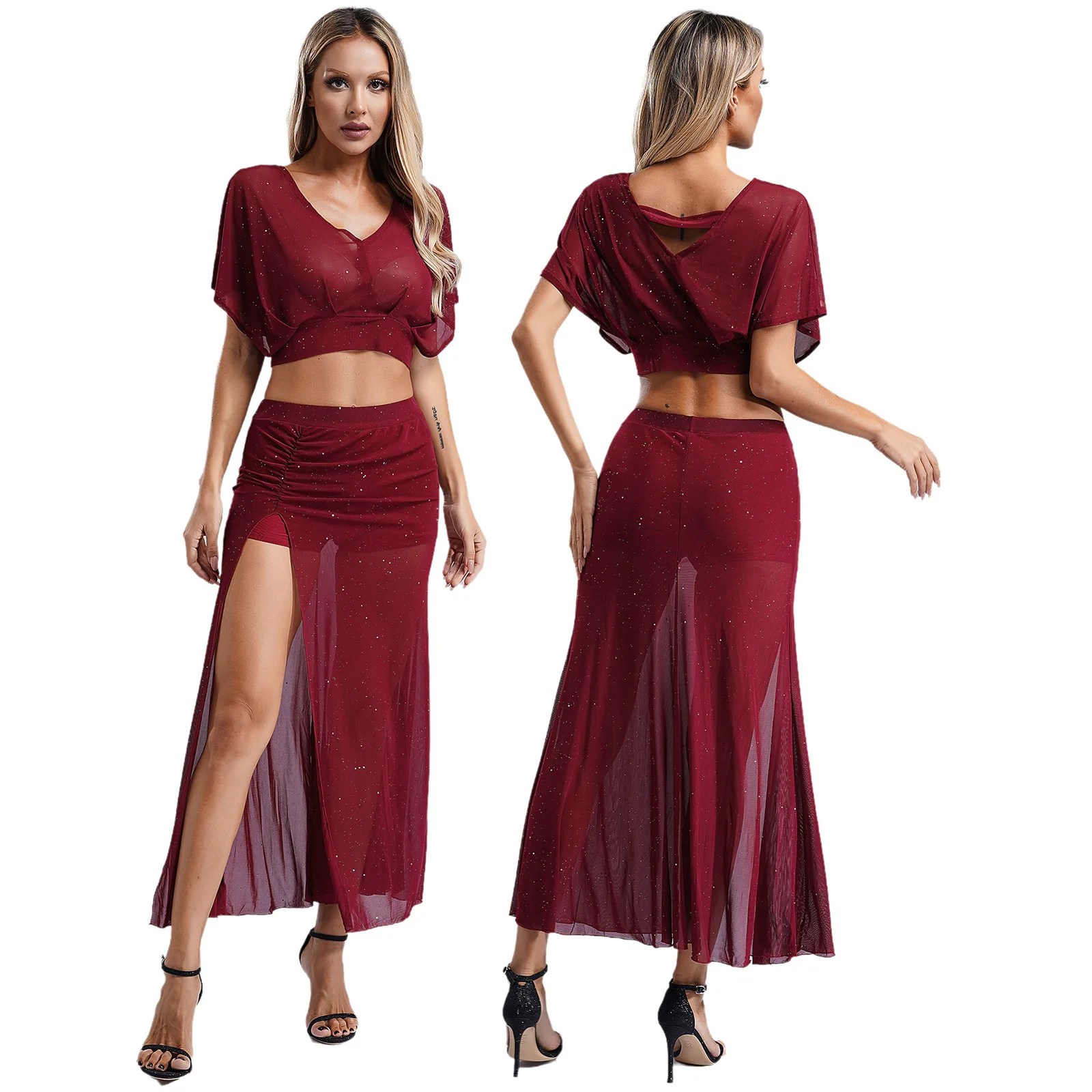 ผู้ใหญ่สตรี Lyric Modern Jazz Belly Dance เครื่องแต่งกายเงา Sheer ตาข่ายกระโปรง Dancewear เพลงแสดงเวทีชุดราตรี Partywear