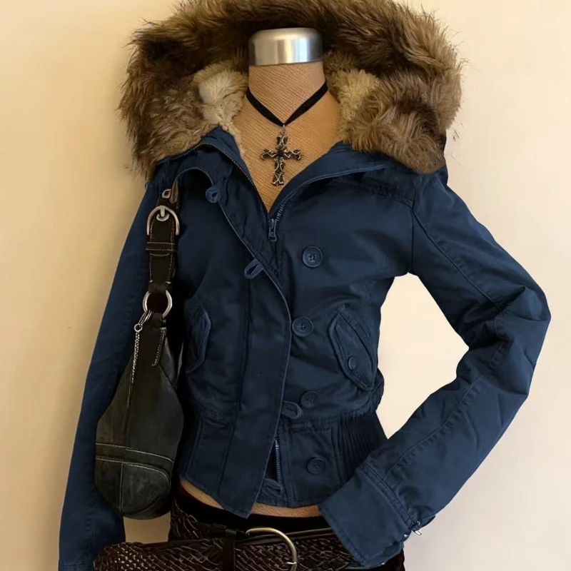 Subculture Women's Winter High Street Jacket 2000s Korean Thickened Faux Collar Hooded Outerwear Y2k American Vintage Short Coat