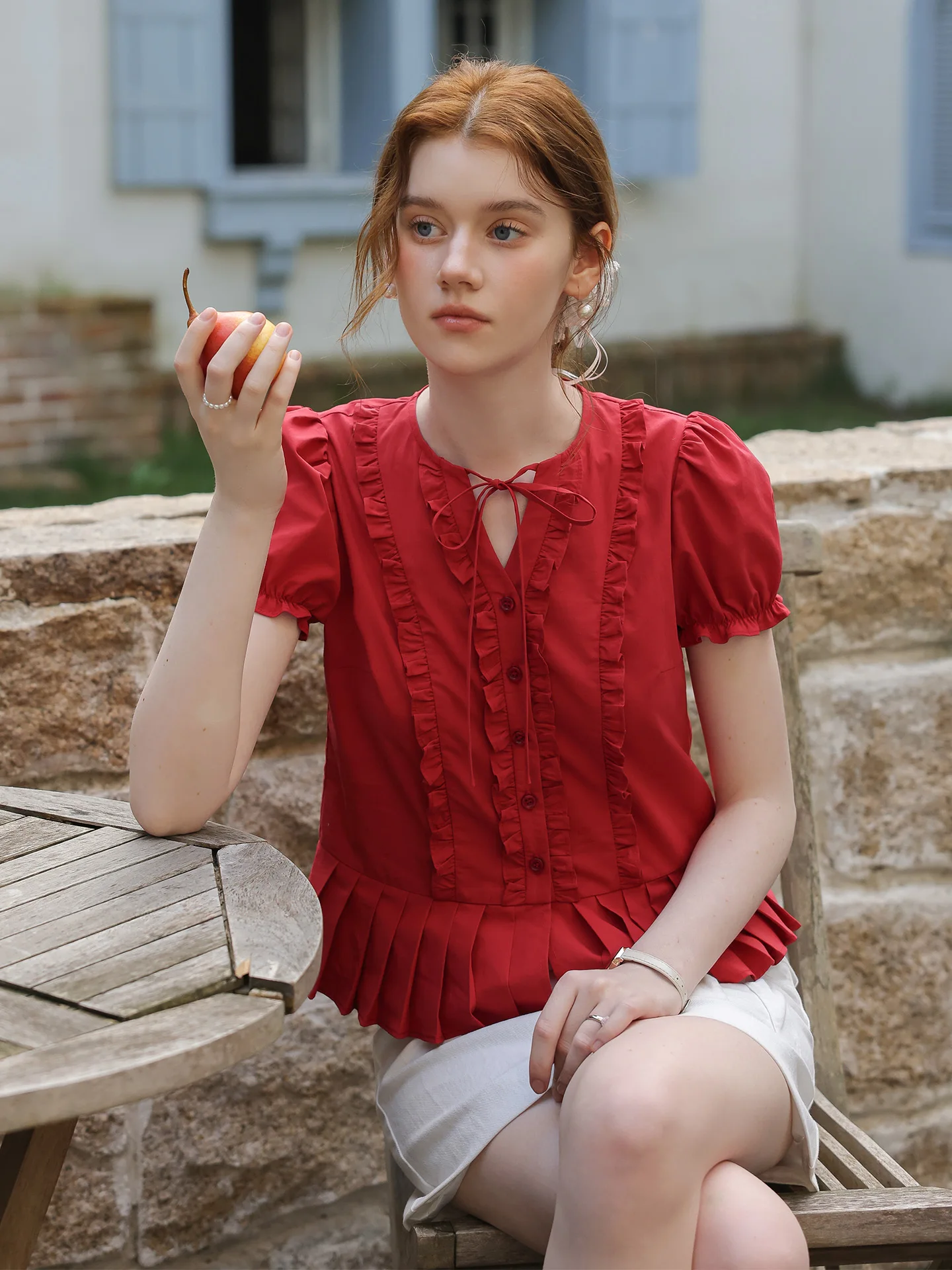 Red V-neck Bubble Sleeve Shirt Women's Short Cotton Blend Breathable Comfortable Gathered Waist Spring Summer Fashion Top