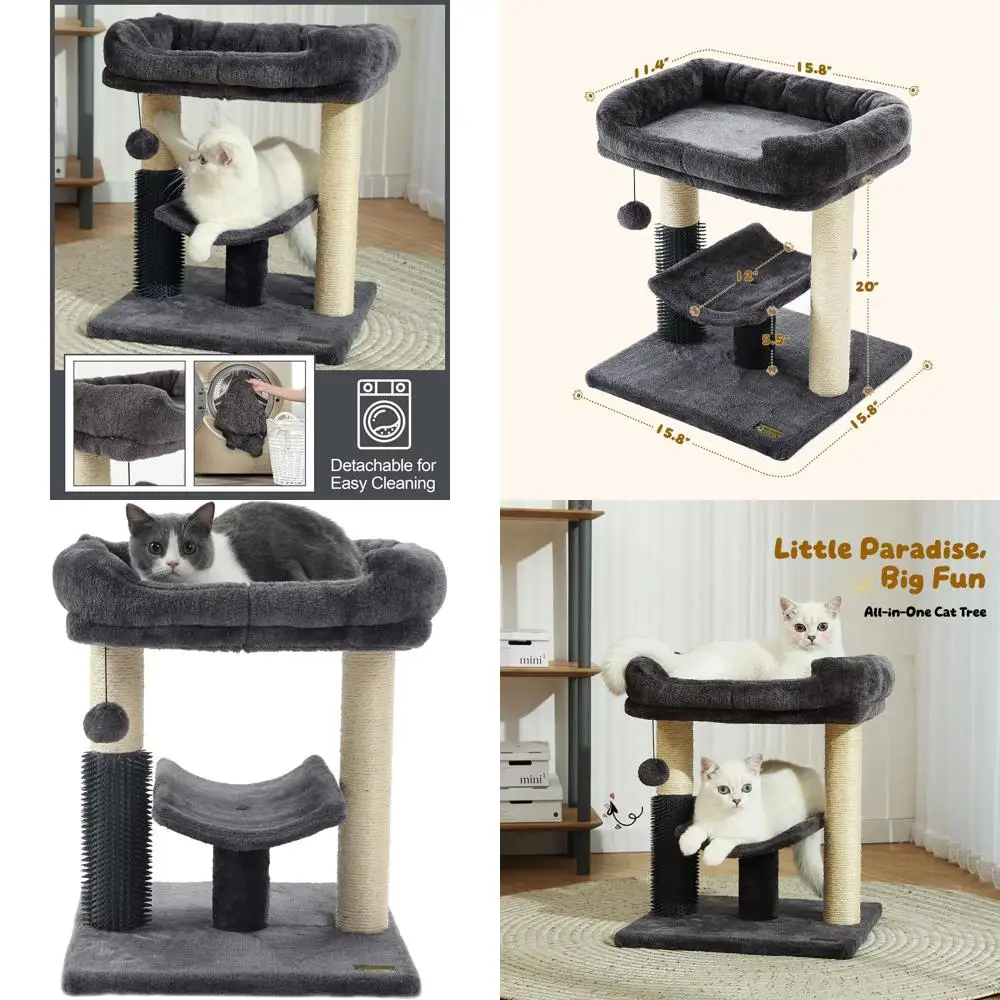 

20-дюймовая домашняя когтеточка-башня для кошек с сизалевой стойкой, плюшевым лежаком, самоочищающейся щеткой и подвесным игрушечным мячиком, дымчато-серая