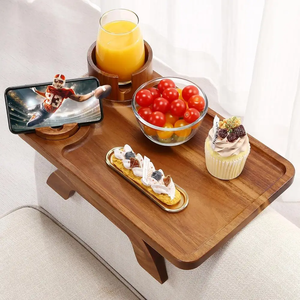 

360° Swivel Acacia Armrest Table with Phone & Cup Holders, 15.4x9.8, 3-Function Sofa Tray for Drinks, Snacks