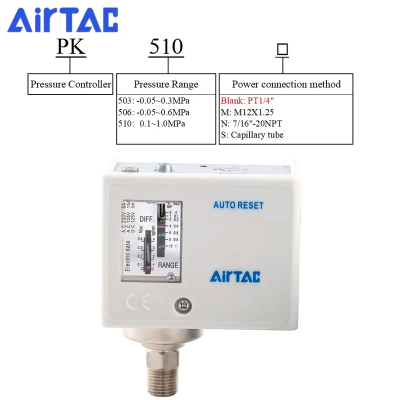 AIRTAC PK503 PK506 PK510 Pressure Controller Adjustable Mechanical Detection Pressure Switch