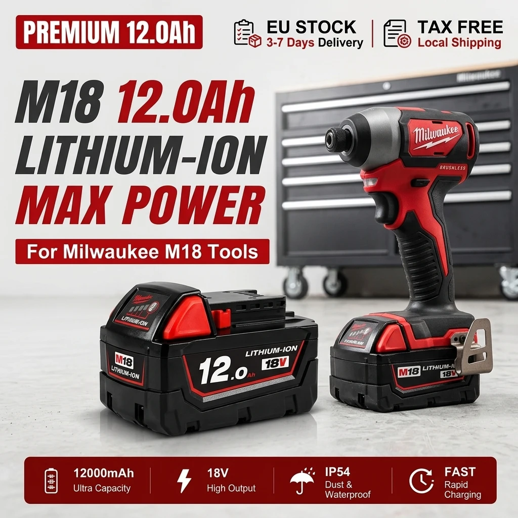 18650 Lithium-Ersatzakku 18V 12000mAh Wiederaufladbarer Akku, 100% kompatibel mit Milwaukee M18 Werkzeugakku 48-11-1860 48-11-1850 48-11-11840