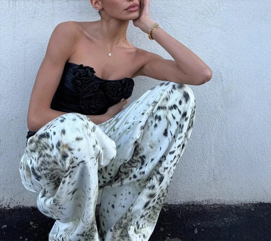 American-style retro water-rubbed leopard print jeans - women's street wide-leg floor-length pants, loose and casual pants