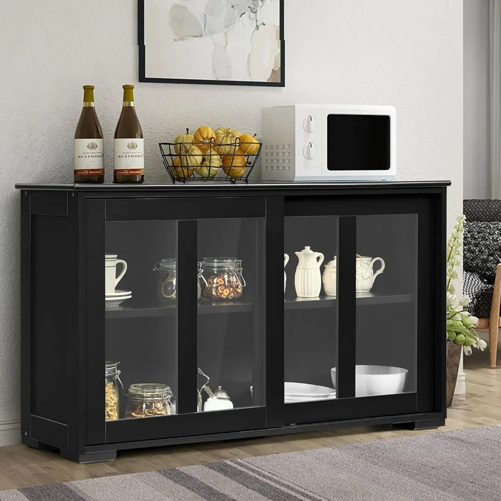 

Sideboard Buffet Cabinet, Stackable Cupboard Storage Table with Adjustable Shelf & Glass Sliding Doors, Wooden Credenza Coffee B