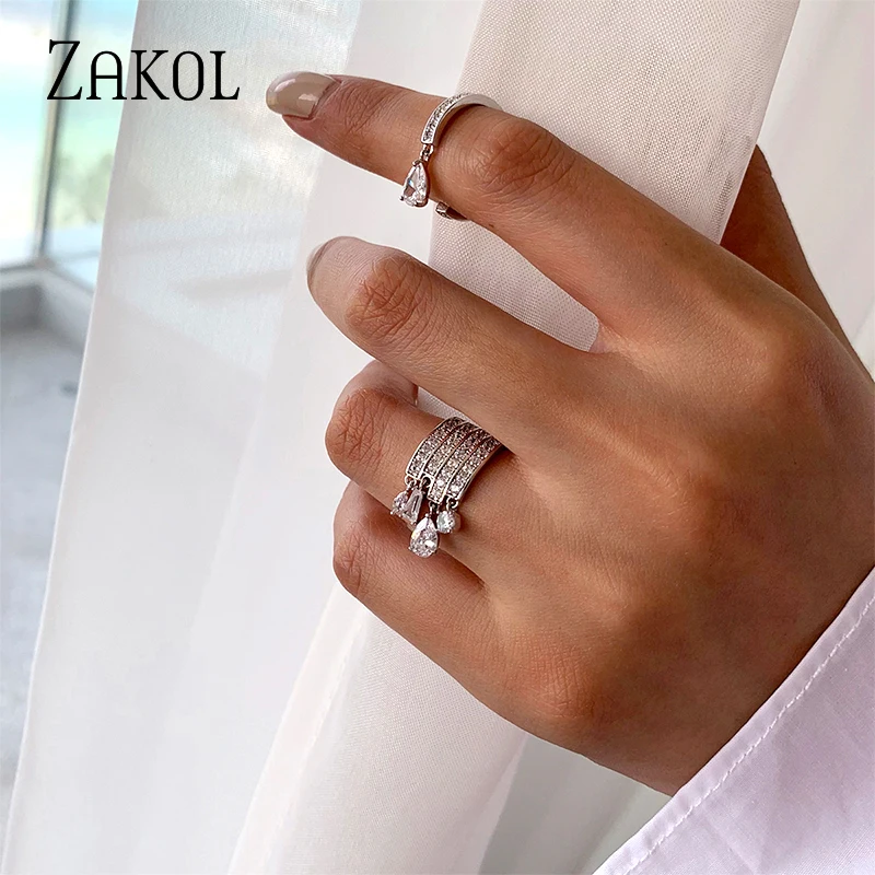 ZAKOL Brand Korea Multilayer Zircon Engagement Open Rings for Women Fashion Water Drop Party Jewelry