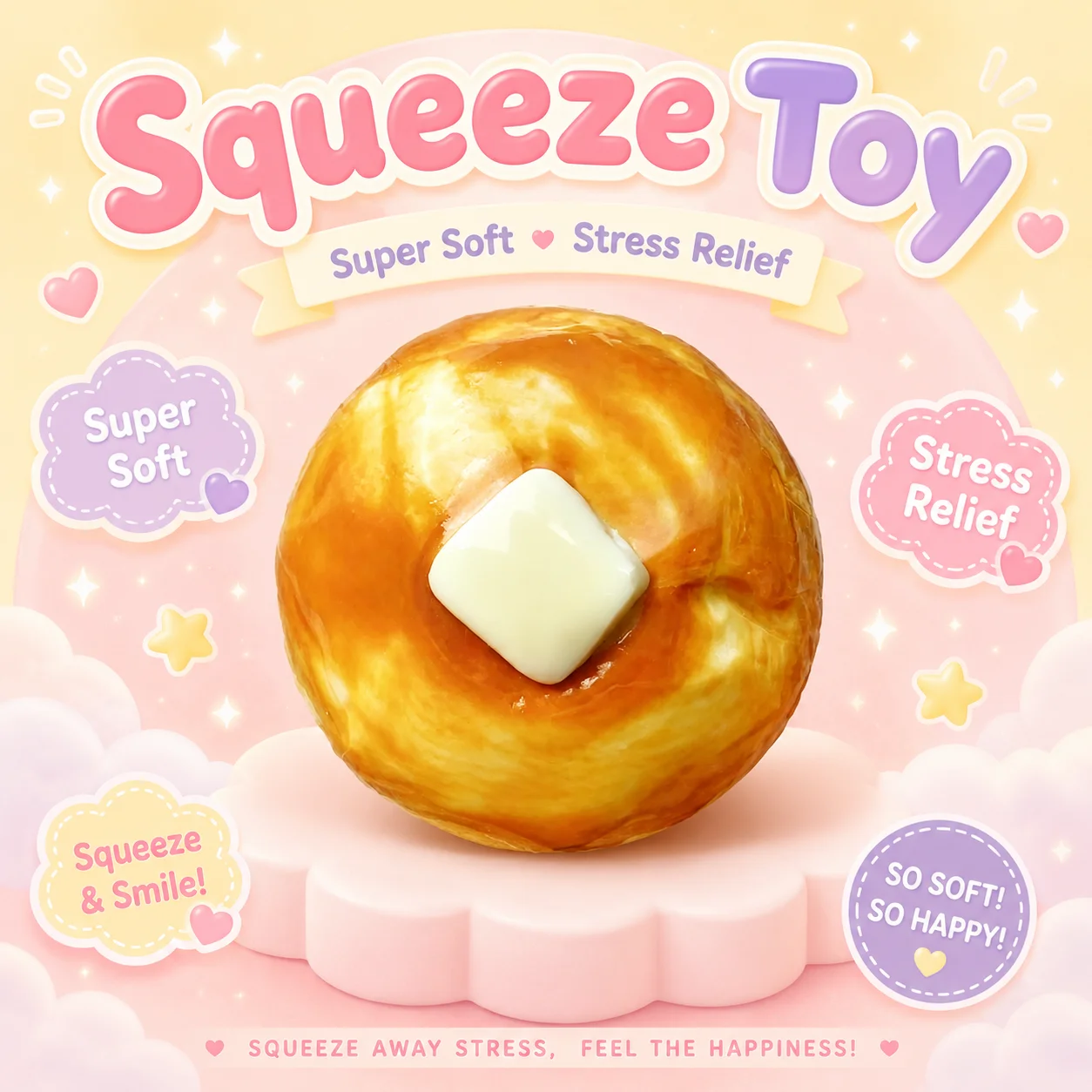 Food Grade TPR Golden Round Pastry Squishy Toy Simulation Butter Bread Soft Slow Rebound Decompression Squeeze Toy