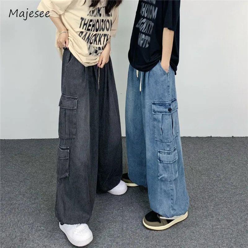 

Jeans Men Simple Retro Fashion Drawstring All-match Pockets Daily Youthful Hip-hop High Street Korean Style Straight Trousers