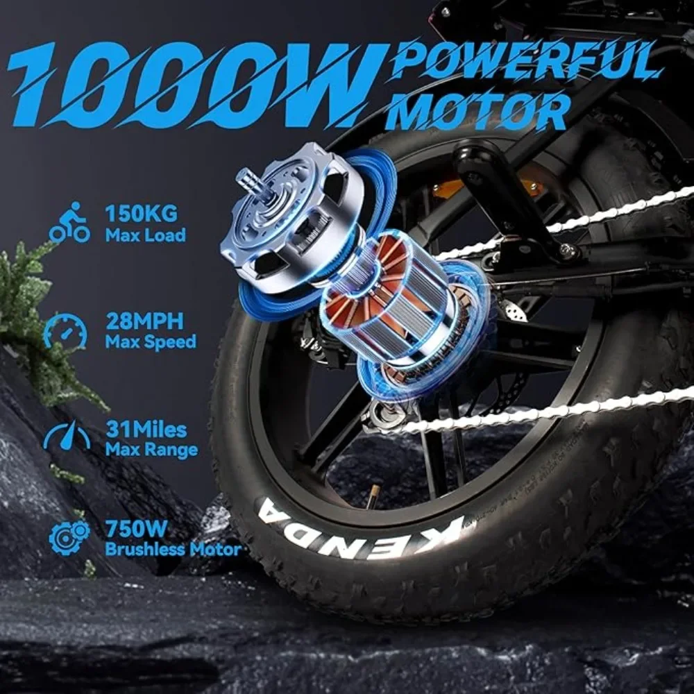 1500/1000W motor, 20 inch fat tire electric bike 48V 15AH/31AH battery 28-33MPH and 37 miles,Black