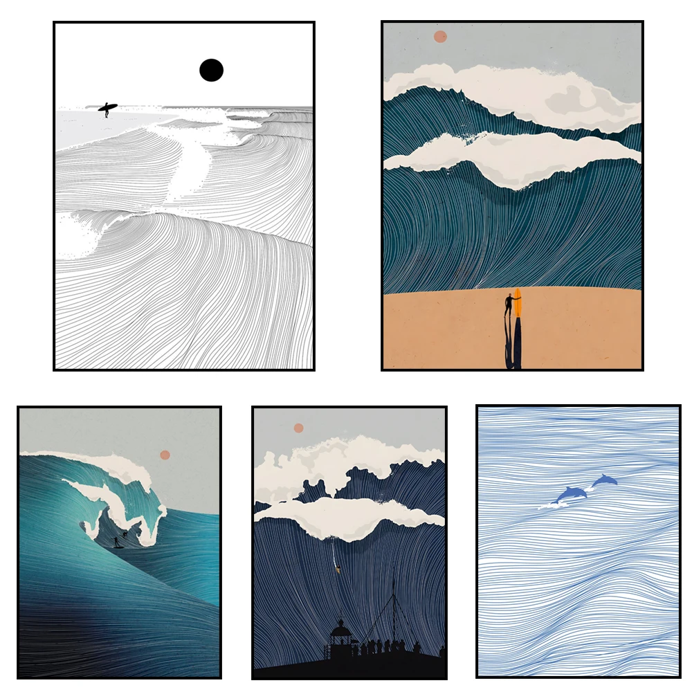 Nazare print, ocean lines, dolphin lines, wavy line art, surfing waves poster, surfing line art, surfing line minimalism