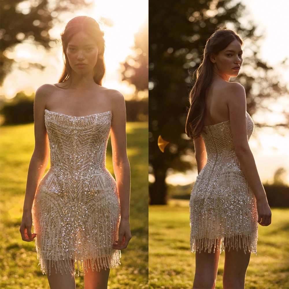 Sparkling Evening Mini Dress Strapless Sleeveless Beading Tassel Sequins Bridal Gowns Banquet Party Customized Vestido De Novia