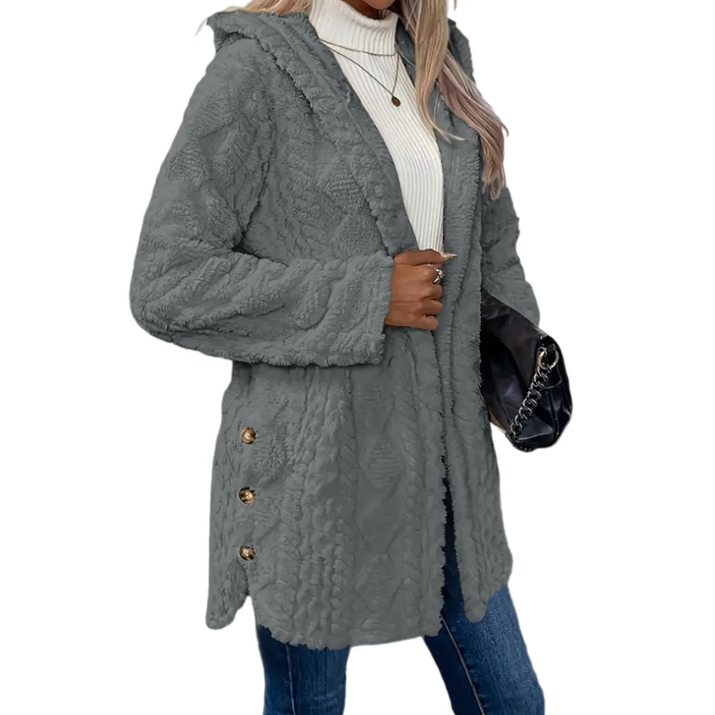 Fashion Solid Color Top Women Jacquard-Patterned Button-Up Hooded Fleece Sweater  Soft Warm Plush Pullover For Home Street Daily