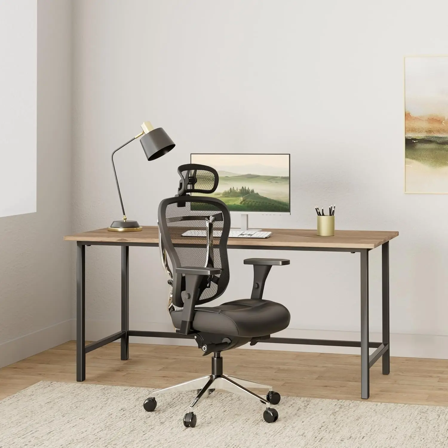 Ergonomic Office Chair, high-back with genuine leather seat, mesh back, adjustable lumbar support, swivel tilt (Tall, Headrest).