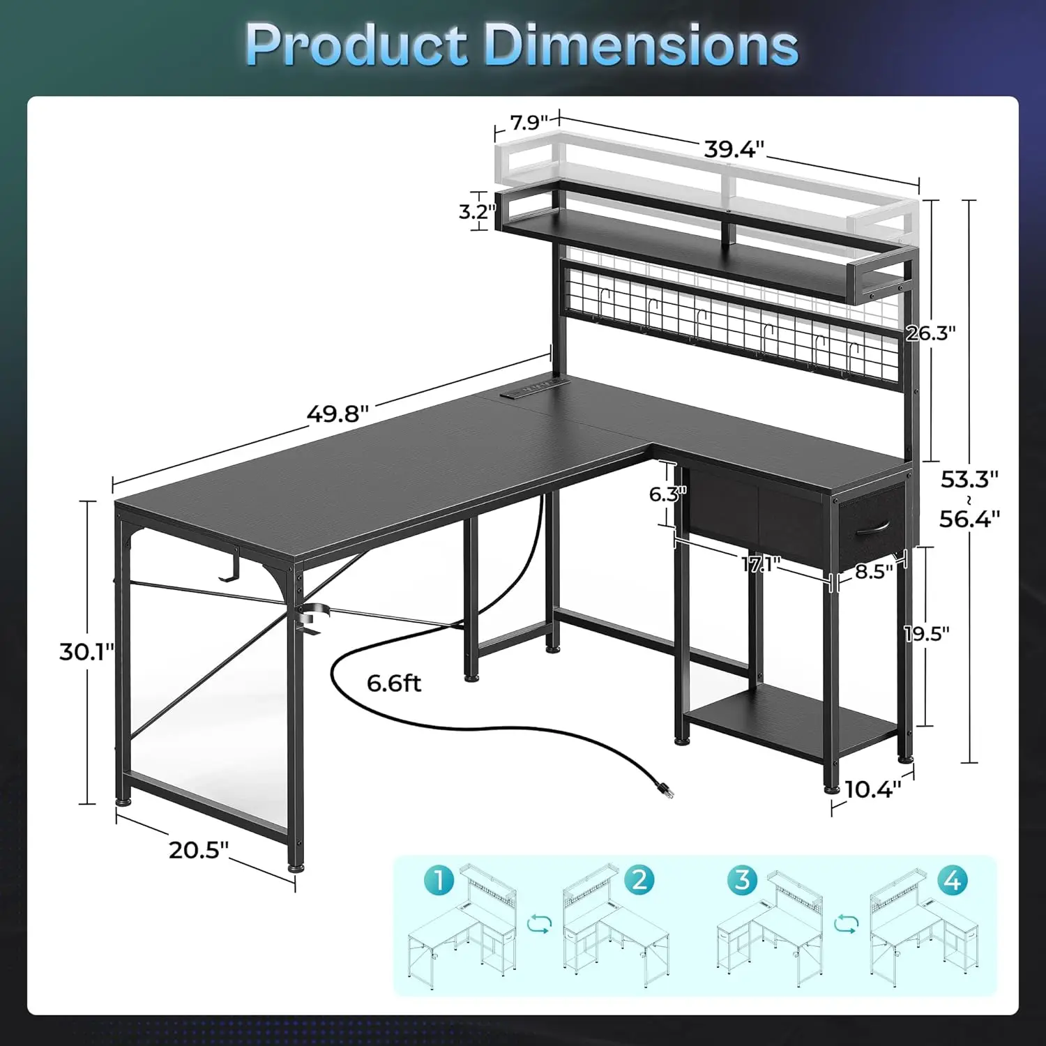 L Shaped Gaming Desk with Shelves, Corner Computer Table with LED Lights, Power Outlets and USB-C Ports, 50 Inch Reversible Home