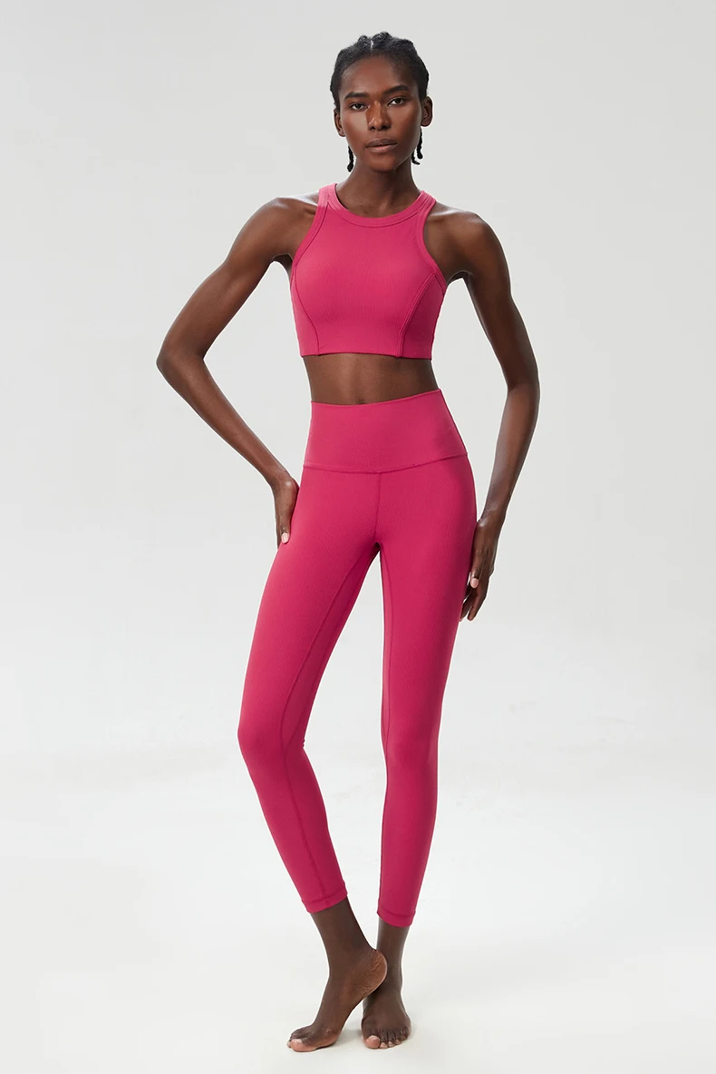 Zweiteiliges Fitness-Yoga-Set für Damen, einfarbig, dehnbar, Gym-Anzug, atmungsaktiv, für hohe Beanspruchung, Laufsportbekleidung, Trainingskleidung für Damen – Detail 4
