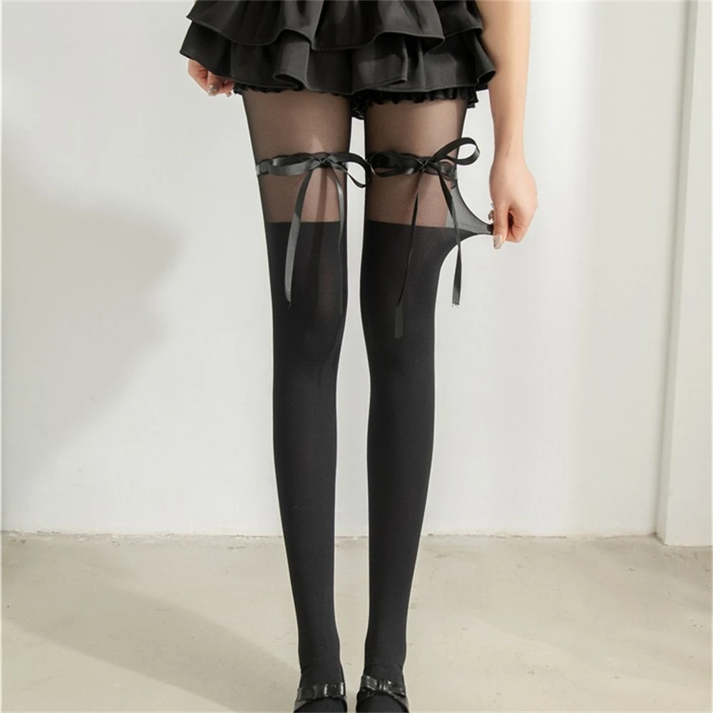 Female Sweet Bow Ribbons White Thin Anti-slip Tights Stockings Cute Girls' Party JK Lolita Thighs Socks Black Pantyhose Straps