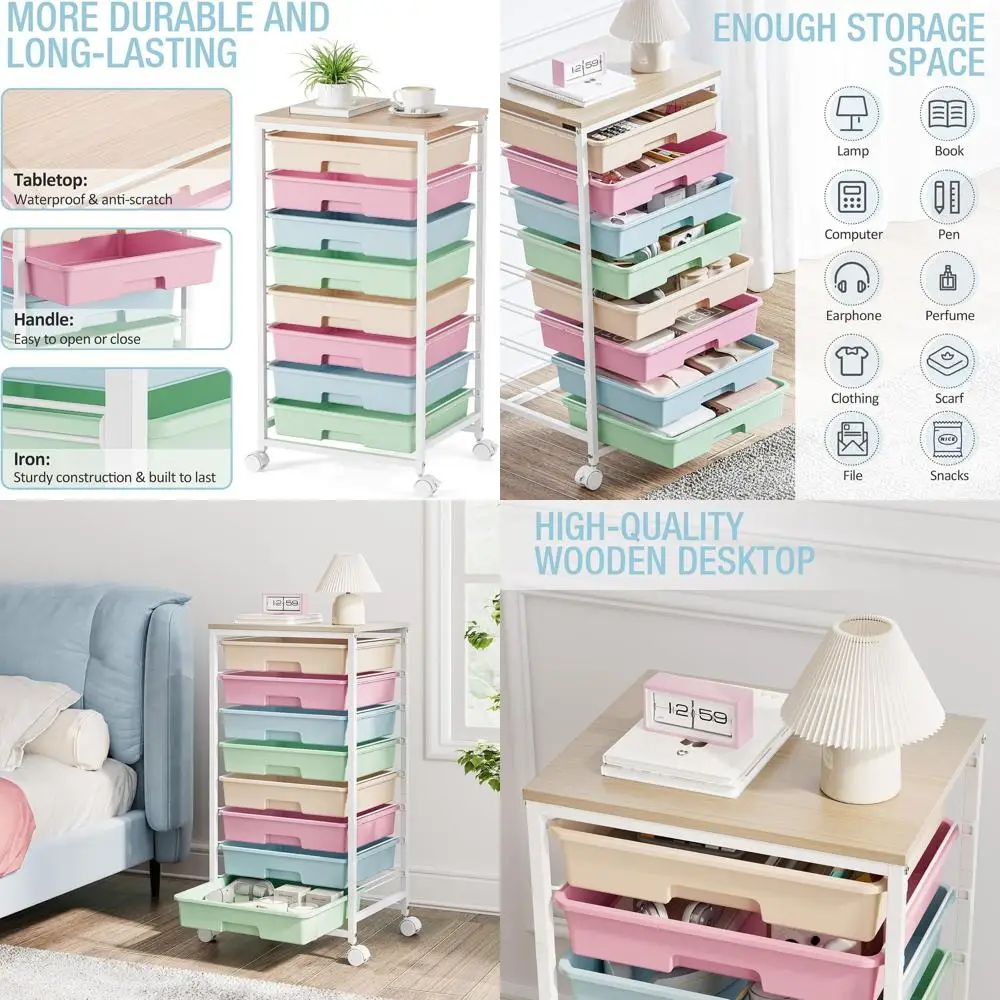 

Multi-Colored Storage Cart with 8 Drawers and Wooden Top for Classroom, Office, and Home Organization