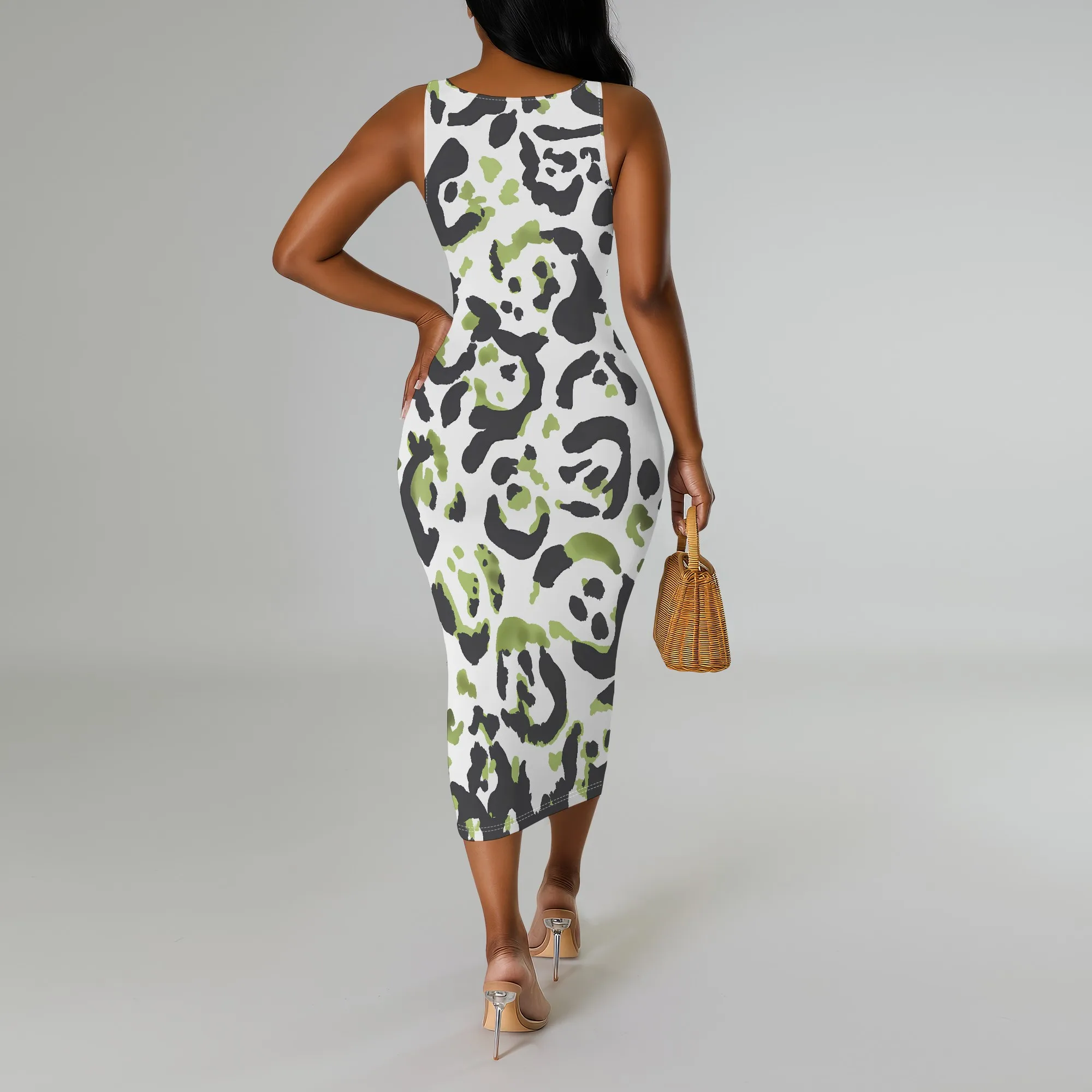 플러스 사이즈 민소매 미디 드레스 그린 레오파드 프린트 섹시한 Bodycon 복장 휴일 Clubwear