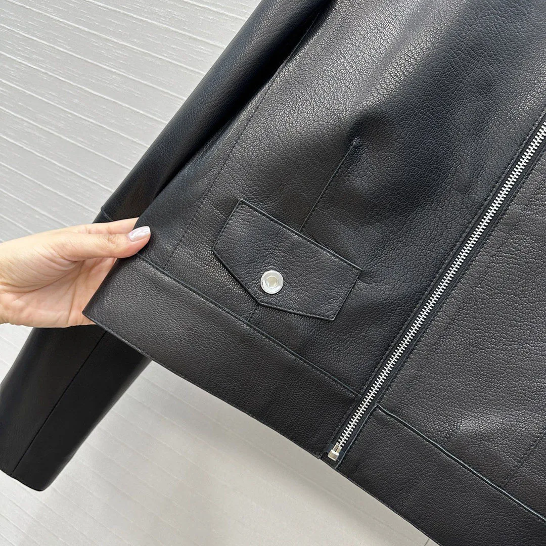 ヴィンテージブラック高級 100% シープスキンレザーコート女性 O ネックボタンジッパー長袖 2026 新作春秋ショートジャケット