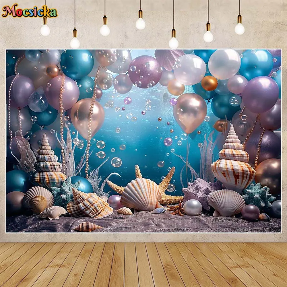 Mocsicka-マーメイドプリンセス写真の背景、シーシェルの下、パールバルーン、女の子の誕生日パーティーの装飾、ケーキのスプラッシュの背景