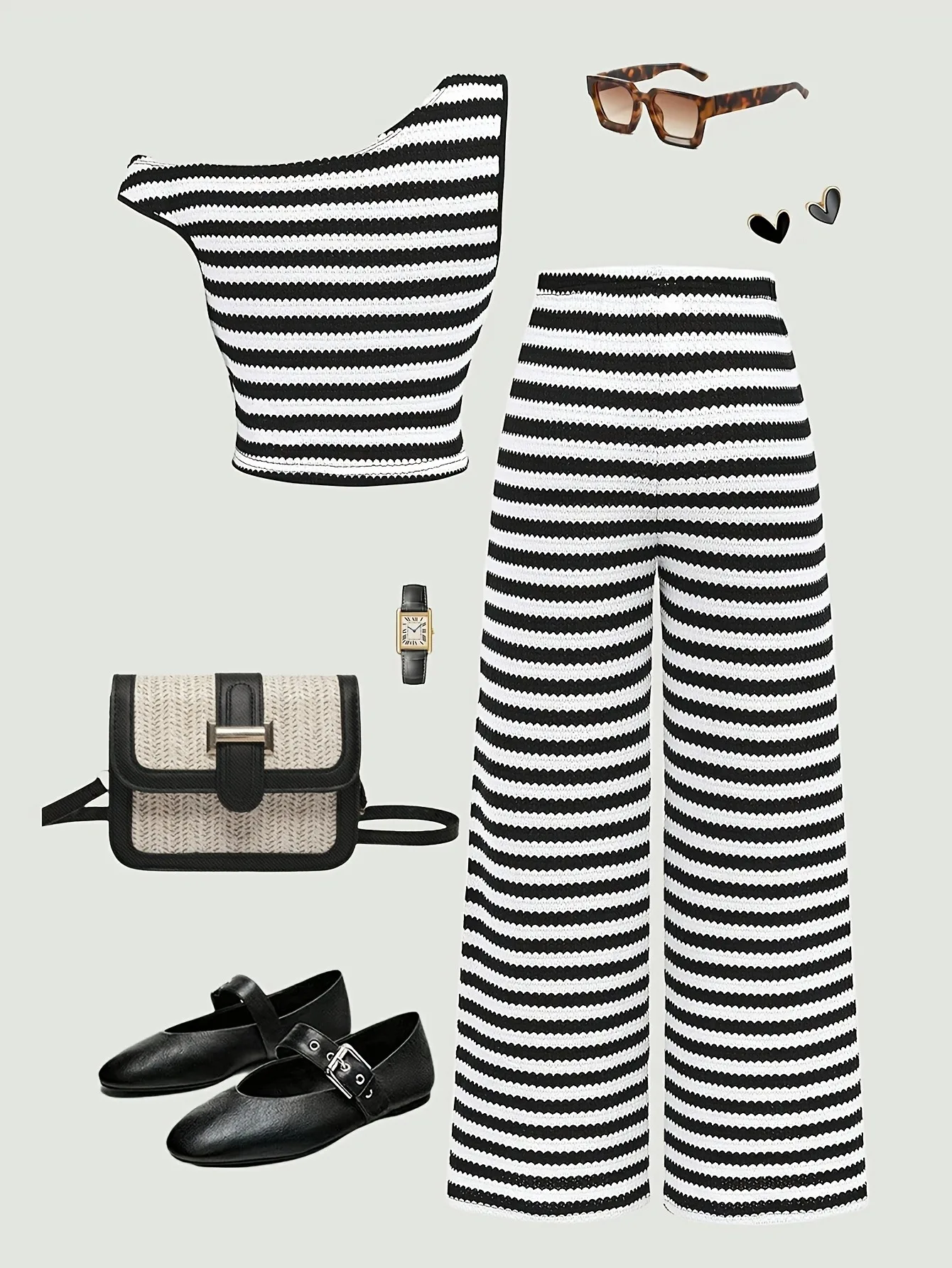 Minimalist Girls Black White Striped 2 Piece Outfit One Shoulder Crop Top Wide Leg Pants Retro Casual Streetwear For 4-12Y