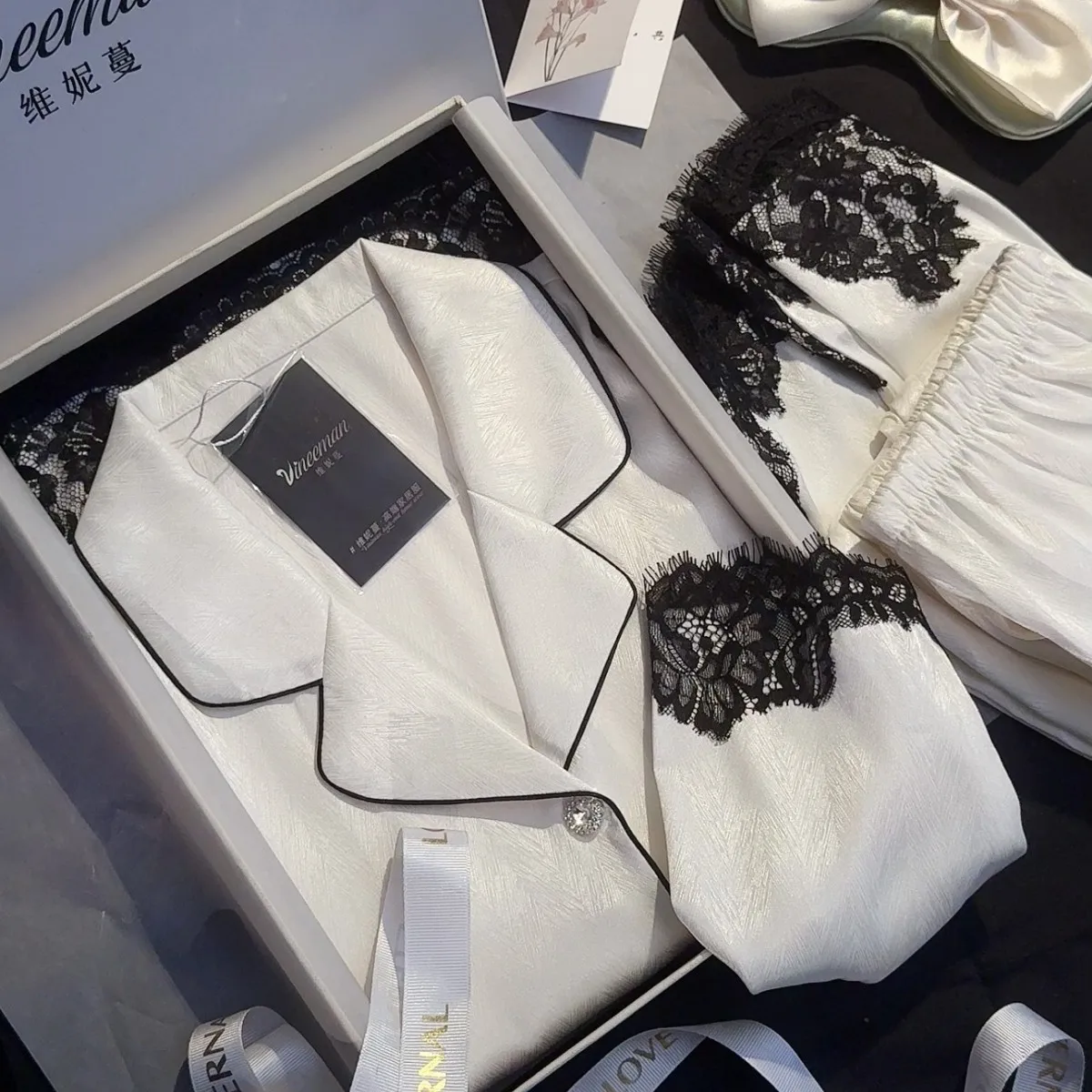 

Французский комплект женской пижамы для весны и осени с жаккардовым кружевом, изысканный комплект для отдыха.