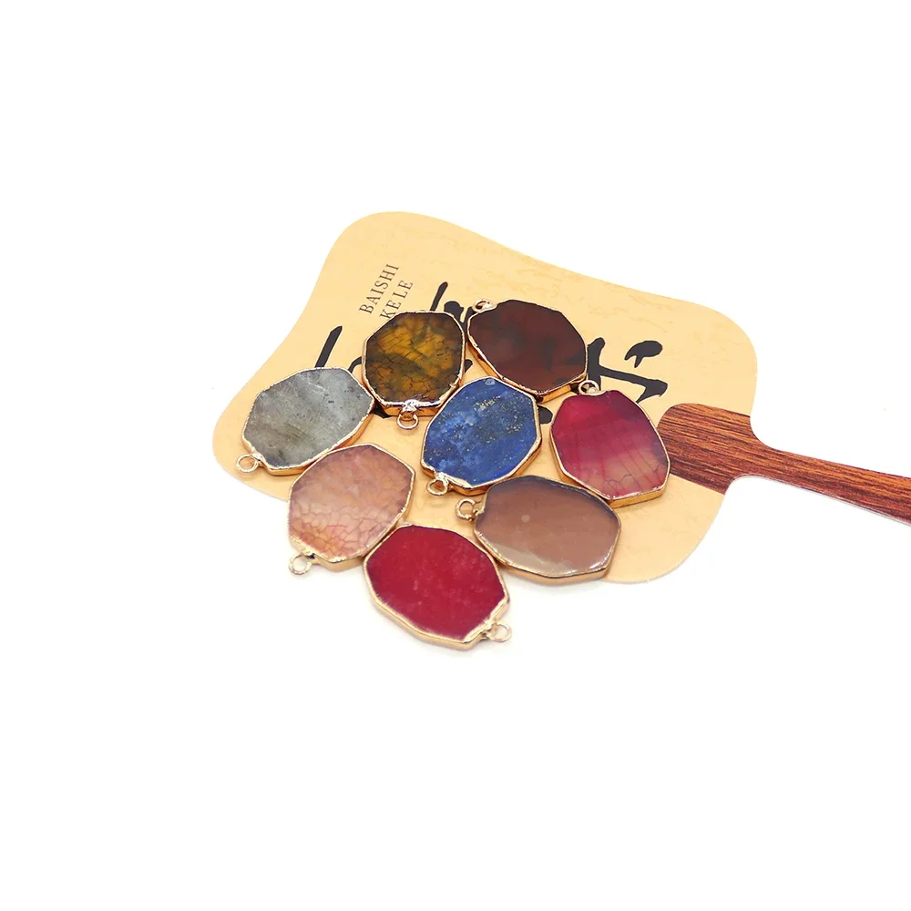 Classic Natural Stone Lapis Lazuli Polished Agate Slice Geometric Gold-Plated Edge-Wrapped Single-Hole Pendants DIY Jewelry