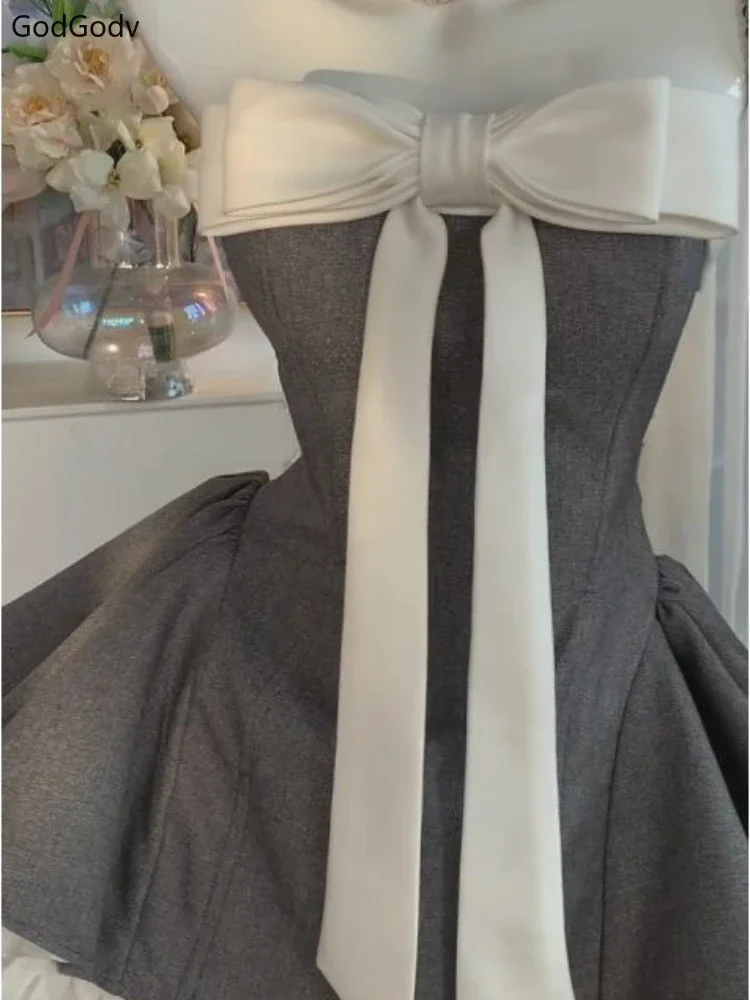 프렌치 빈티지 우아한 여성 신상 드레스 스트랩리스 리본 패치워크 하이웨이스트 퍼프 미니 드레스 여성 프렌치 시크 섹시 의상 2025