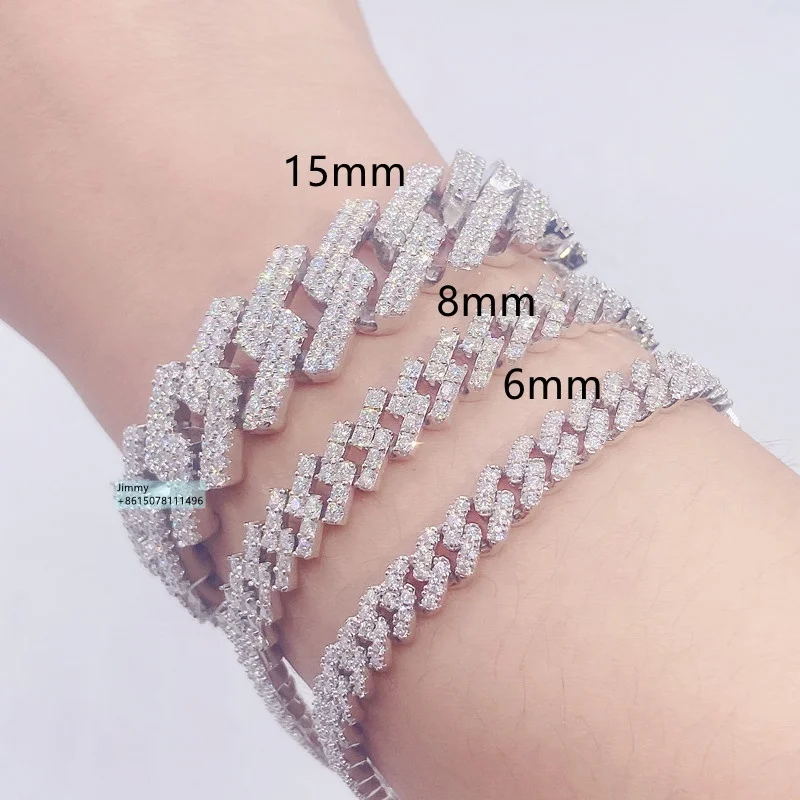 

Hip Hop Style Iced Out Jewelry 6mm 8mm 10mm 12mm 15mm Width 925 Sterling Silver VVS Moissanite Cuban Link Chain Bracelet