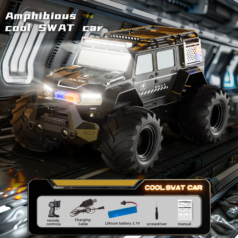 Carros de polícia rc, veículo anfíbio 2.4g 4wd, carro dublê, controle remoto, carro de escalada off-road, brinquedos elétricos para crianças, presentes