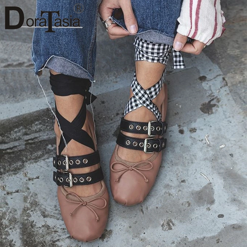 

Brand New Ladies Round Toe Lace Up Ballet Flats Fashion Bow Belt Buckle women's Mary Janes Flats Casual Comfy Dress Woman Shoes