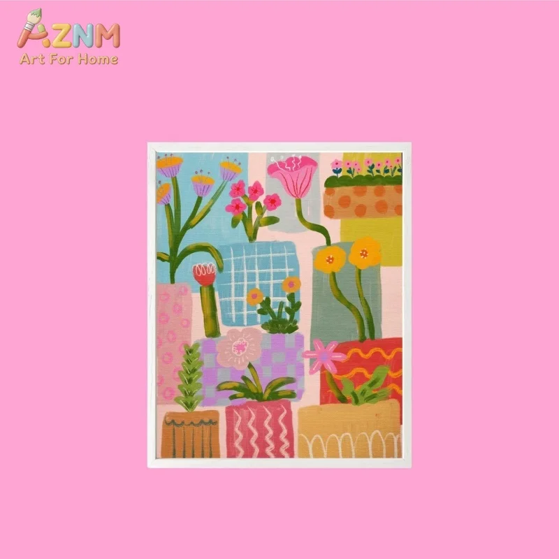 AZNM Colorful Abstract Potted Flower Canvas Wall Art Geometric Color Block Cute Floral Hand Drawn Print Unframed Canvas Vibrant