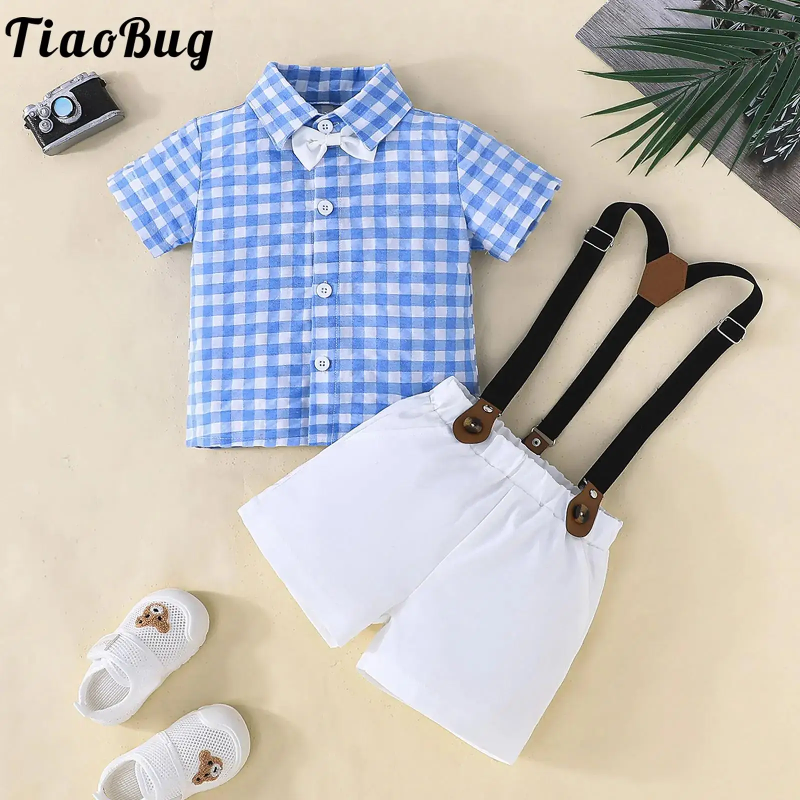 

Baby Boys Gentleman Suits Short Sleeve Lapel Plaid Shirt with Suspender Shorts Bowtie Birthday Wedding Party Photography Outfits