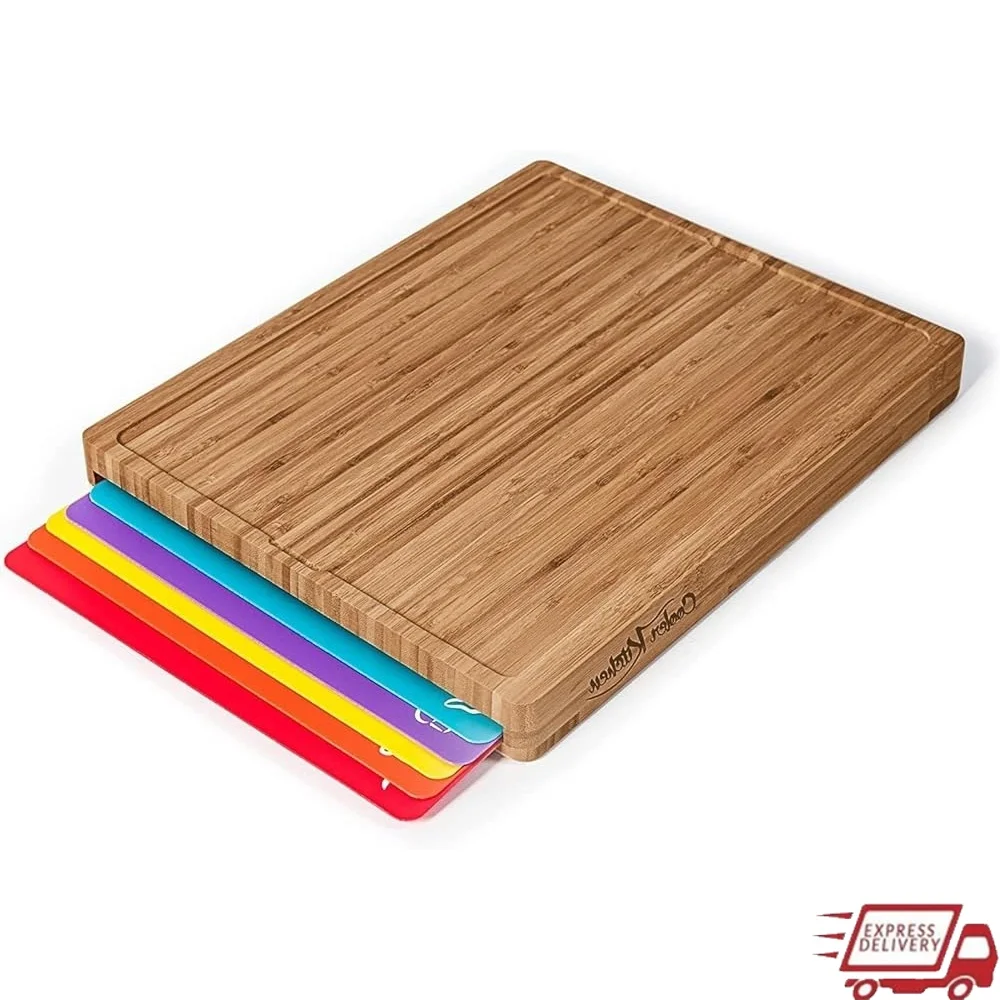 

Bamboo Cutting Board Set with 6 Color Coded Flexible Plastic Chopping Mats Non Toxic Hygienic Anti Slip Design Kitchen Prep