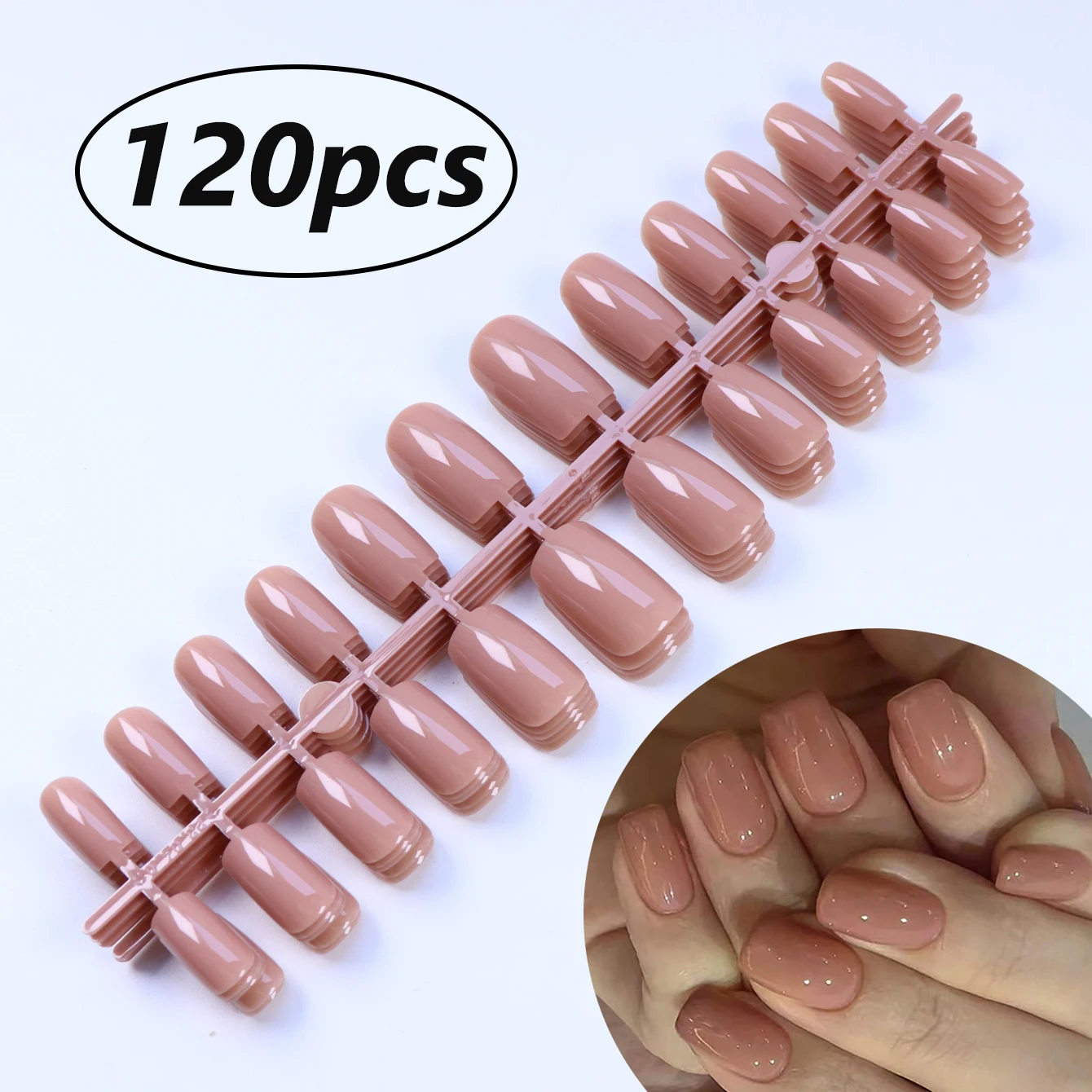 

120pcs long fleshcolor Square Fake nails Detachable And Reusable Jelly Glue 5pc Cuticle Pusher, Suitable For Girl and Women