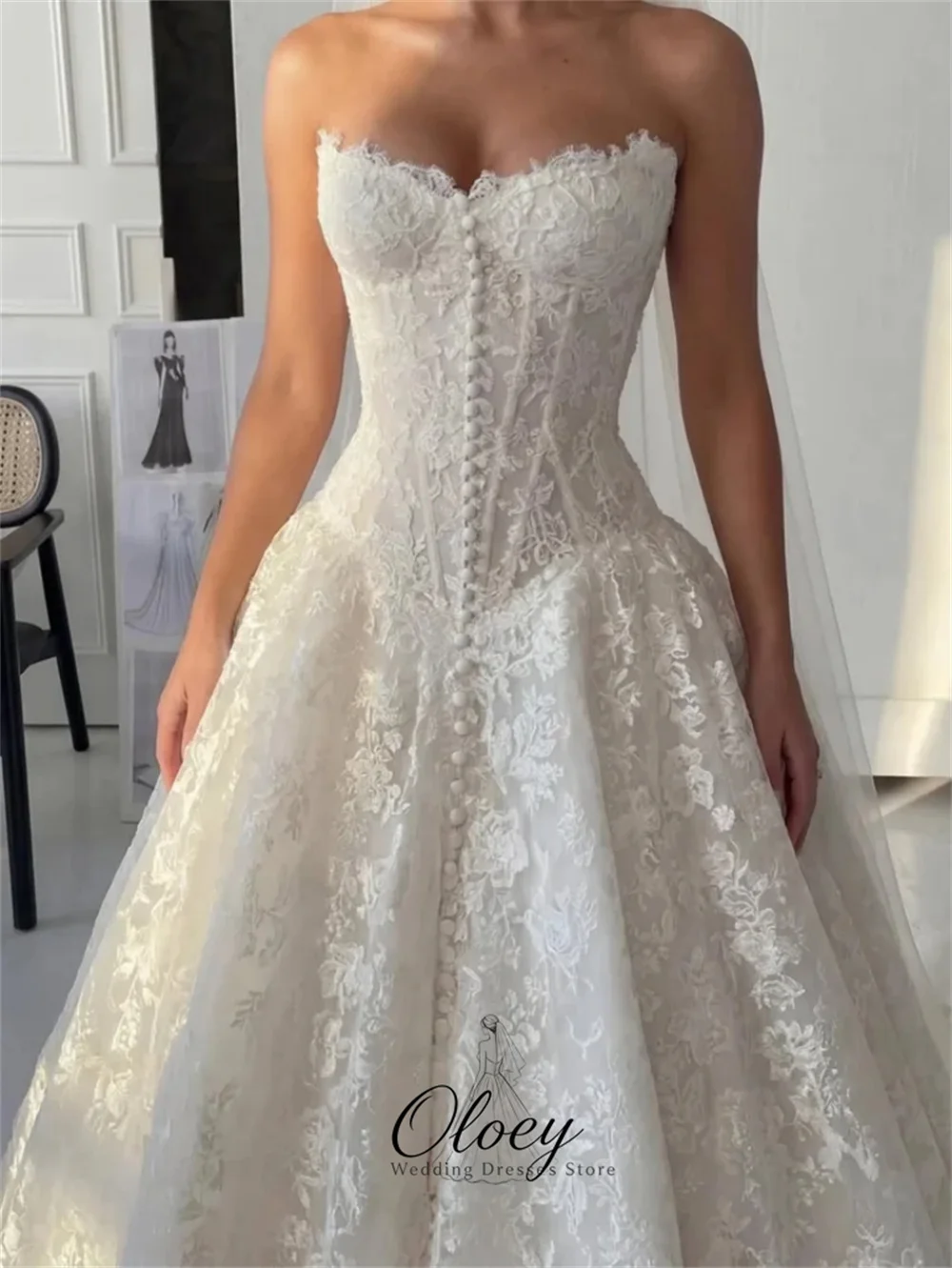 OLOEY Gorgeous Sweetheart Collar Lace Wedding Dresses For Woman Sleeveless A-Line Bridal Gown Customized Vestidos De Novia