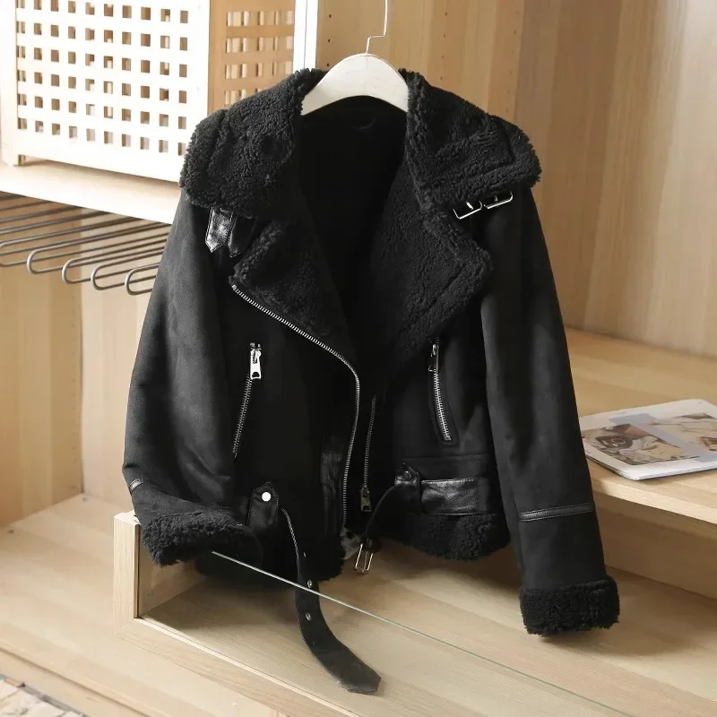 

Winter Women Thick Warm Suede Lamb Jacket Short Motorcycle Brown Coats Faux Shearling Sheepskin Leather Jackets Outwear