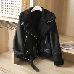 Winter Women Thick Warm Suede Lamb Jacket Short Motorcycle Brown Coats Faux Shearling Sheepskin Leather Jackets Outwear