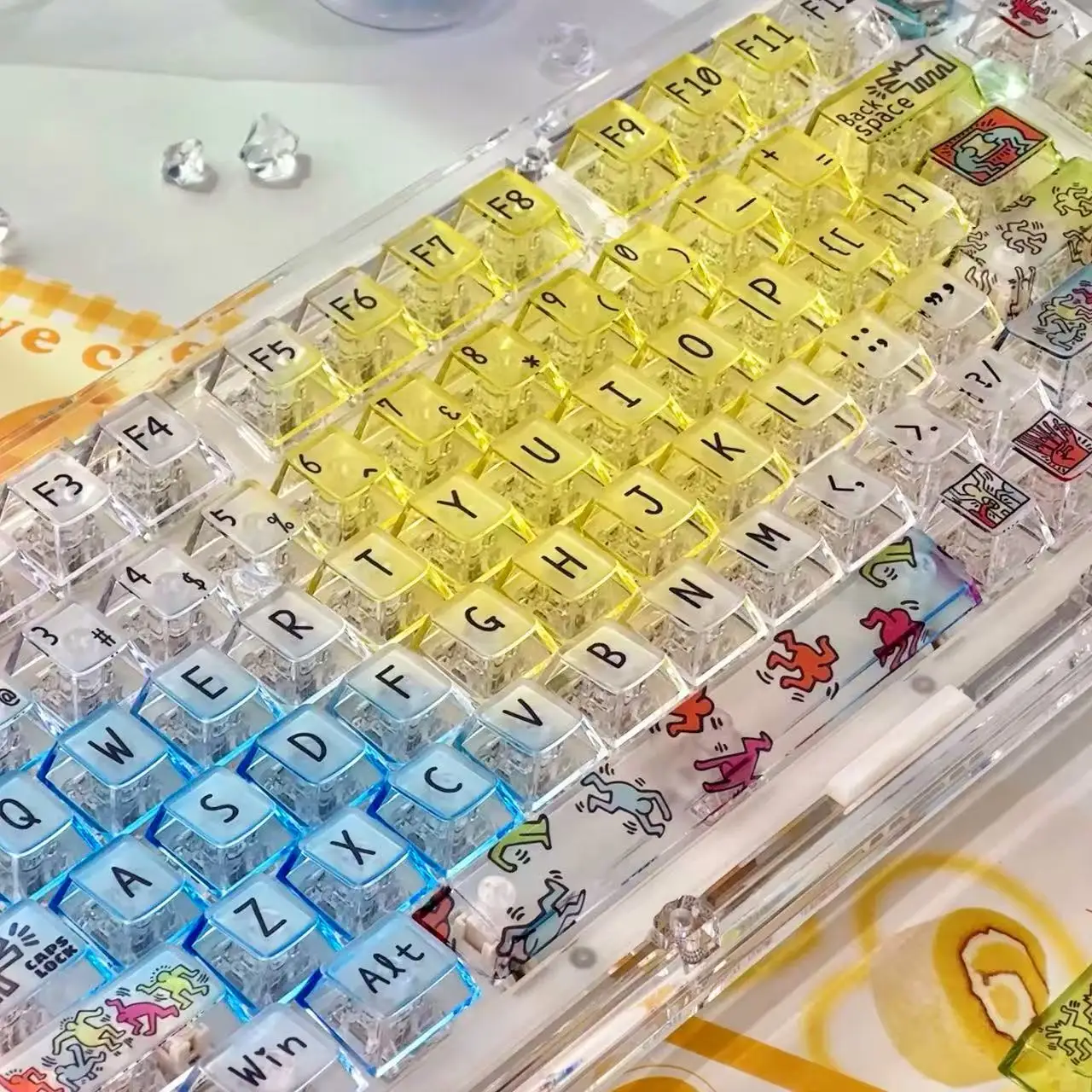 Semi-Fog Crystal Translucent Keycap Cherry Highly Pc Transparent 122 Key Keycap Yellow Blue Trendy Villain Theme