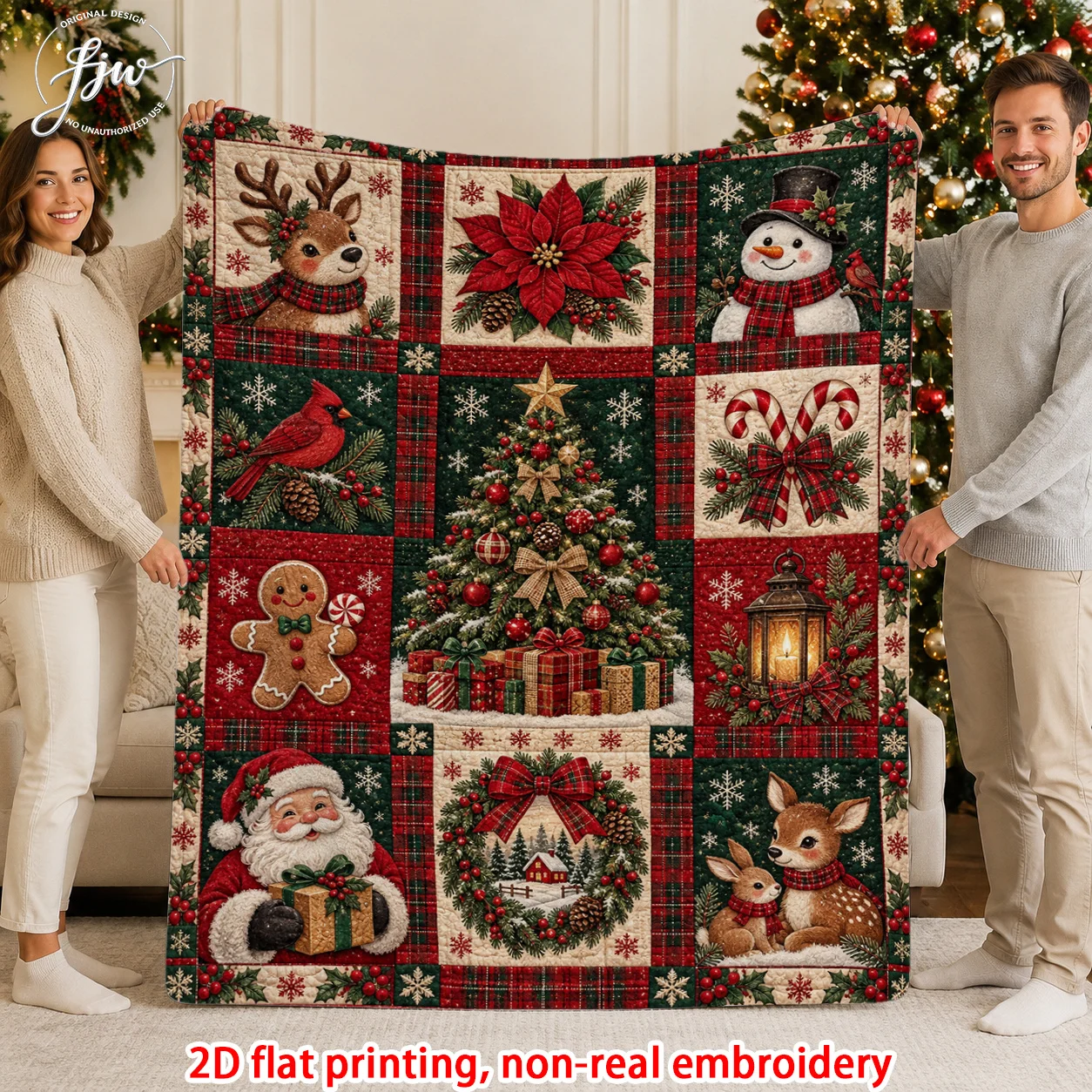 1pc 2D Flat Vintage Christmas Quilt Style Blanket, Ultra Cozy Throw for Bed, Sofa, Chair & Office, Suitable for Travel & Outdoor