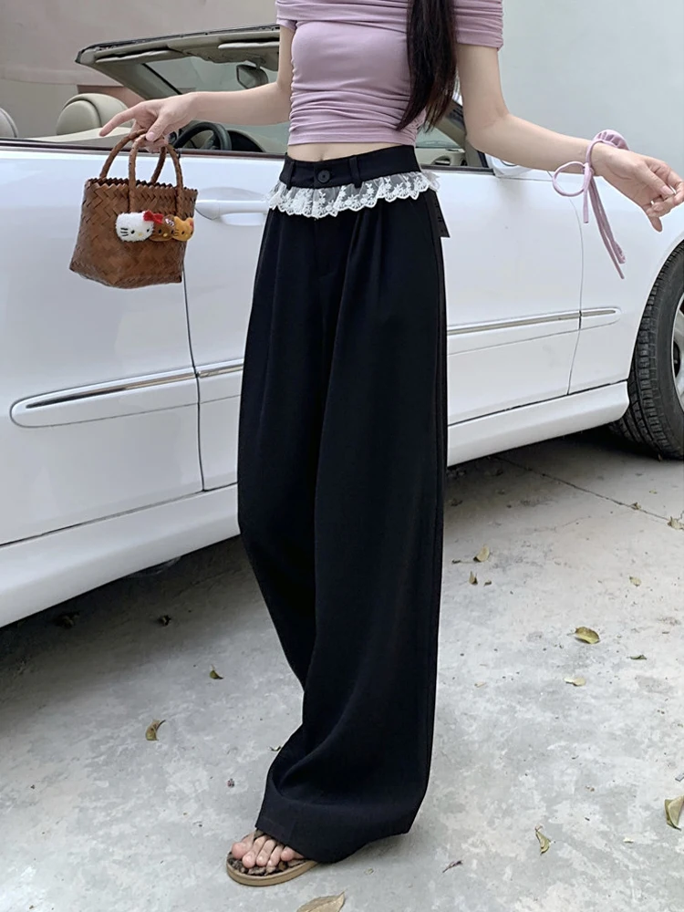 

Ретро брюки с высокой талией, свободного кроя, с кружевными вставками, струящиеся, широкие, повседневные, женские, весна 2026, корейский стиль, длинные