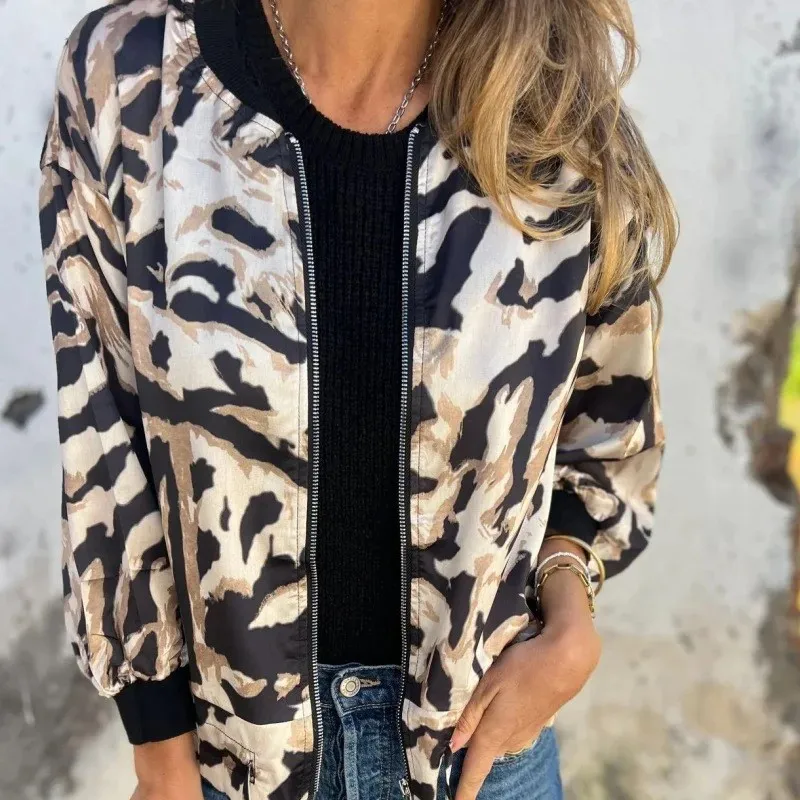 Fashion Leopard Jacket For Women Autumn New Casual Short Coat Chic Long Sleeve Zip Leisure Thin Jackets Female High Street Coats