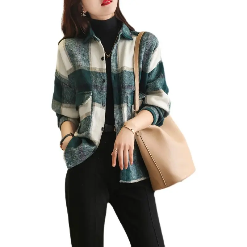 autumn new Shirt French style loose Cardigan emperament brushed plaid contrasting color Vintage women All-match chic Blouses