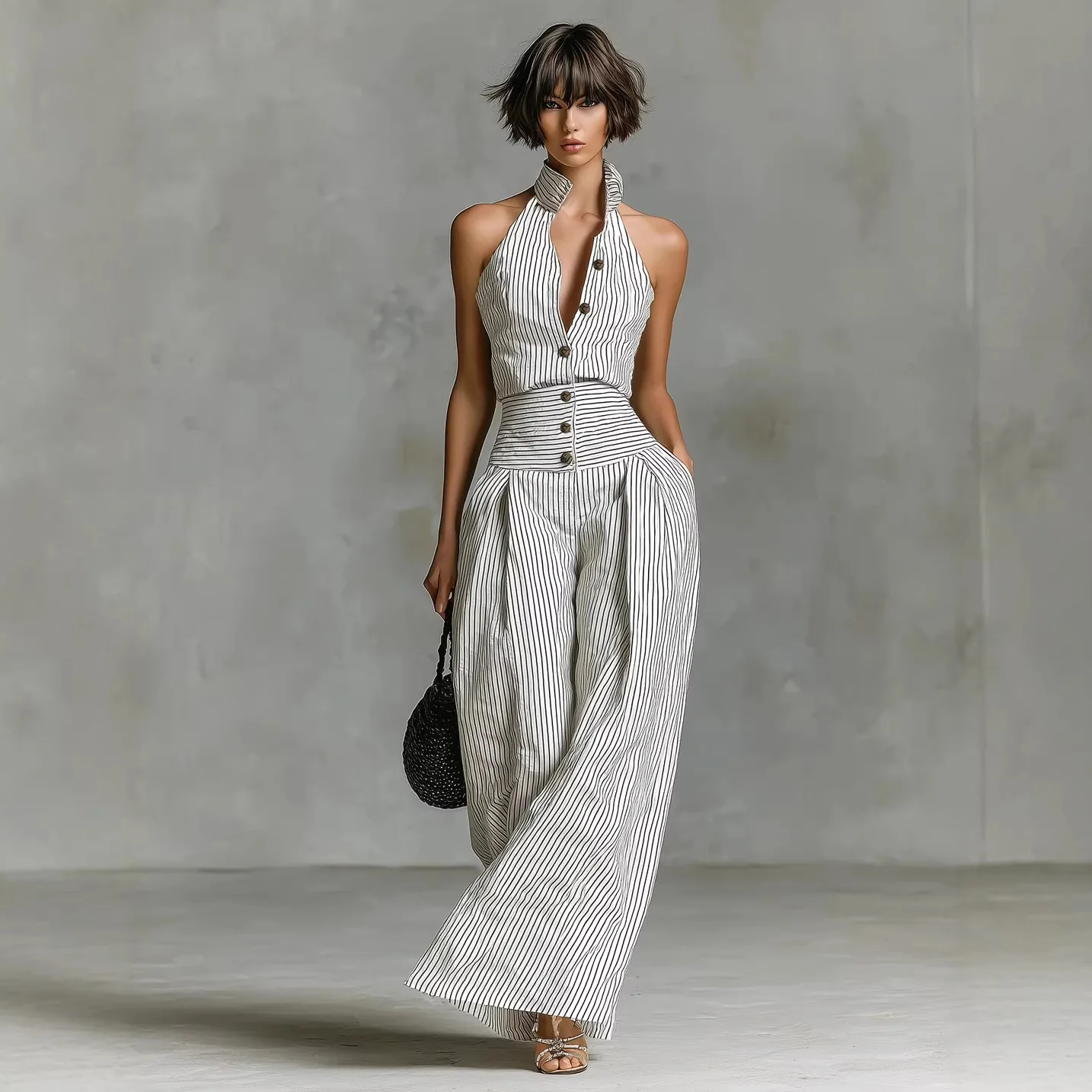 Women's Sleeveless Patchwork Jumpsuit Autumn New Striped Print High Waist Leg Jumpsuit Sexy Halter Hollow Boho Vacation Overalls