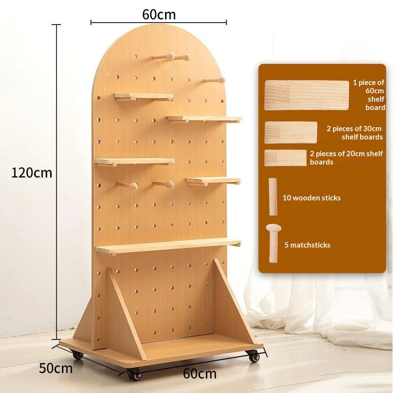 Solid Wood Pegboard Storage Rack Floor Standing Rolling Casters Display Shelf Organizer Kitchen Bathroom Living Room Rack Shelf