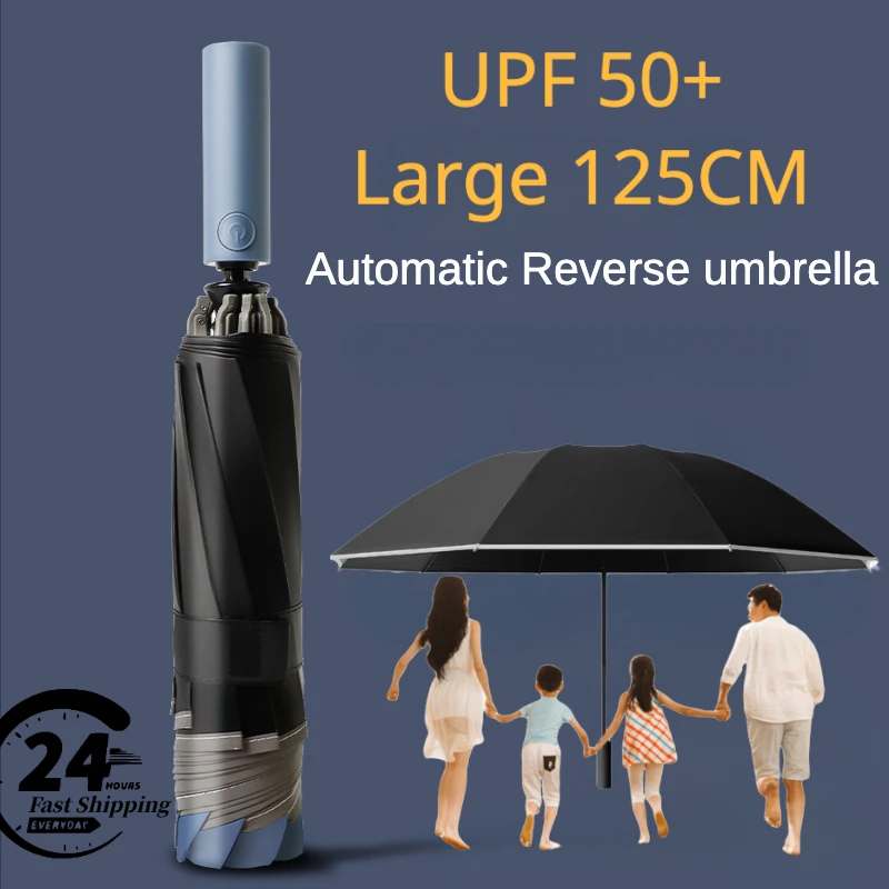 Windproof Strong 125CM Large 10 Bone 3 Folding Reverse Umbrella for Men Safety Reflective Stripe Rain and Sunshade Big Umbrellas