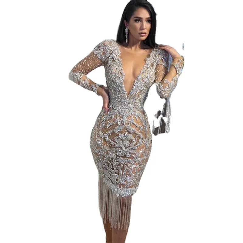 2023 Sexy Prom Dress Sprinkle Beading Tassel Sequined Evening Gowns Fashion Luxury Long Sleeve V-Neck Party Dress for Women