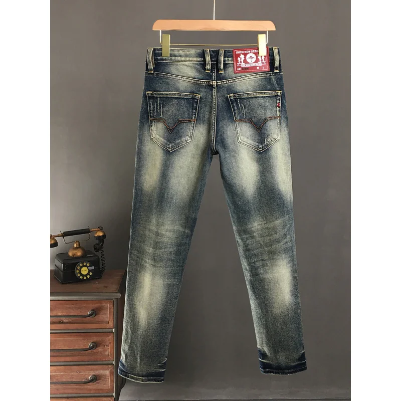 

American retro jeans men's autumn style slim fit small straight tube simple trend scraped 2025 new retro pants